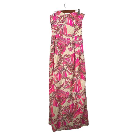 Julie Brown Strapless Maxi Dress Linen Retro 70’s Floral Pink Women's Size 2 - Picture 3 of 9